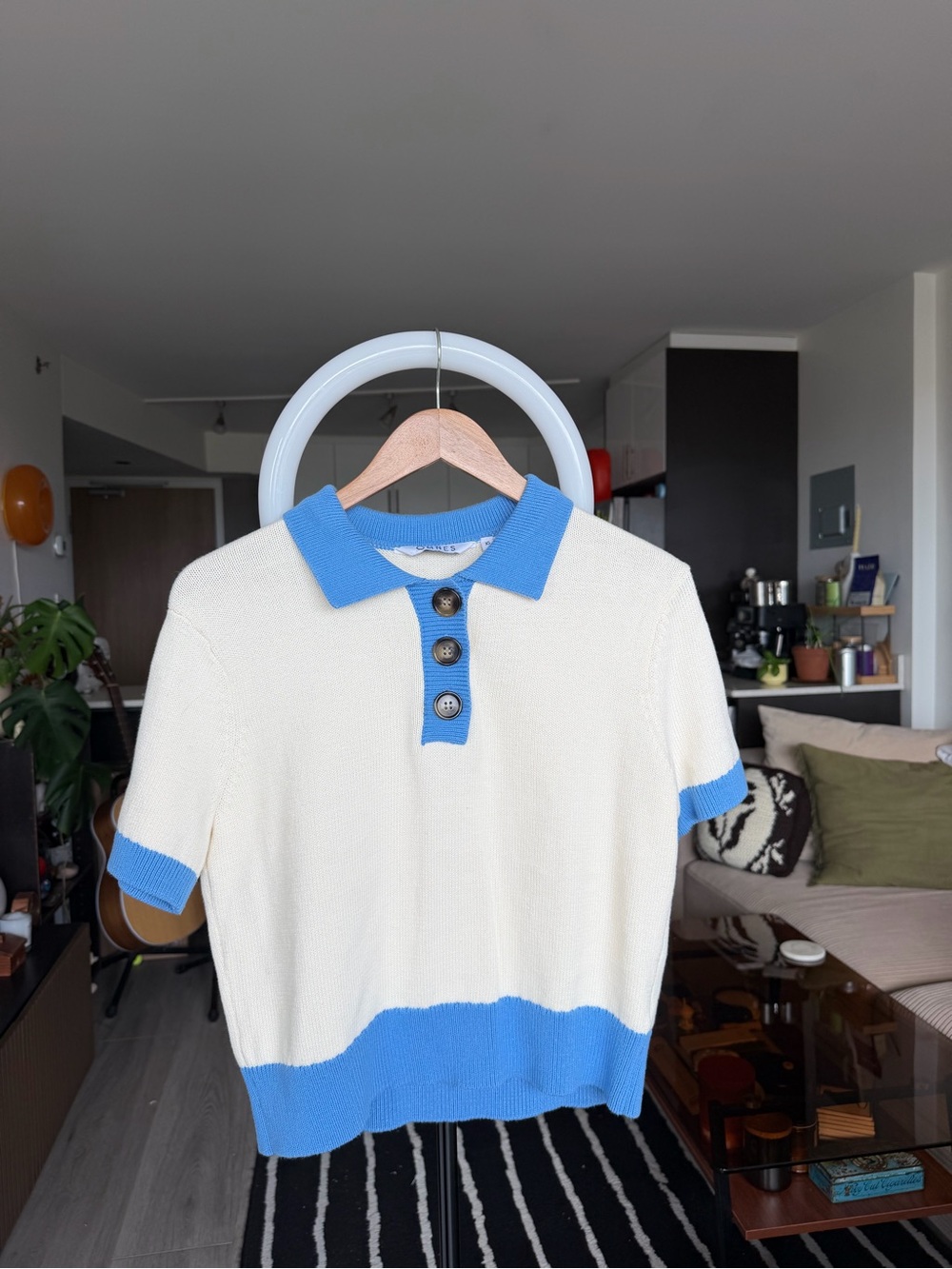 Short-Sleeve Button-Front Polo in Cream with Blue Trim